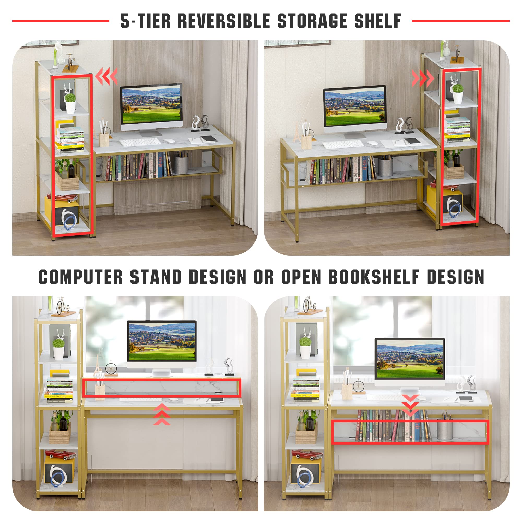 Teraves Computer Desk with 5 Tier Shelves,Reversible Writing Desk with Storage 49 Inch Study Table for Home Office Independent Bookcase and Desk for Multiple Scenes (White Marbling+ Gold Frame)