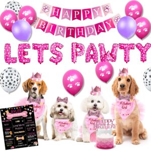 Dog Birthday Party Supplies, Dog Birthday Decorations Girl, Lets Pawty Balloons Banner, Hat Bandana Tutu Skirt for Small Medium Girl Dogs