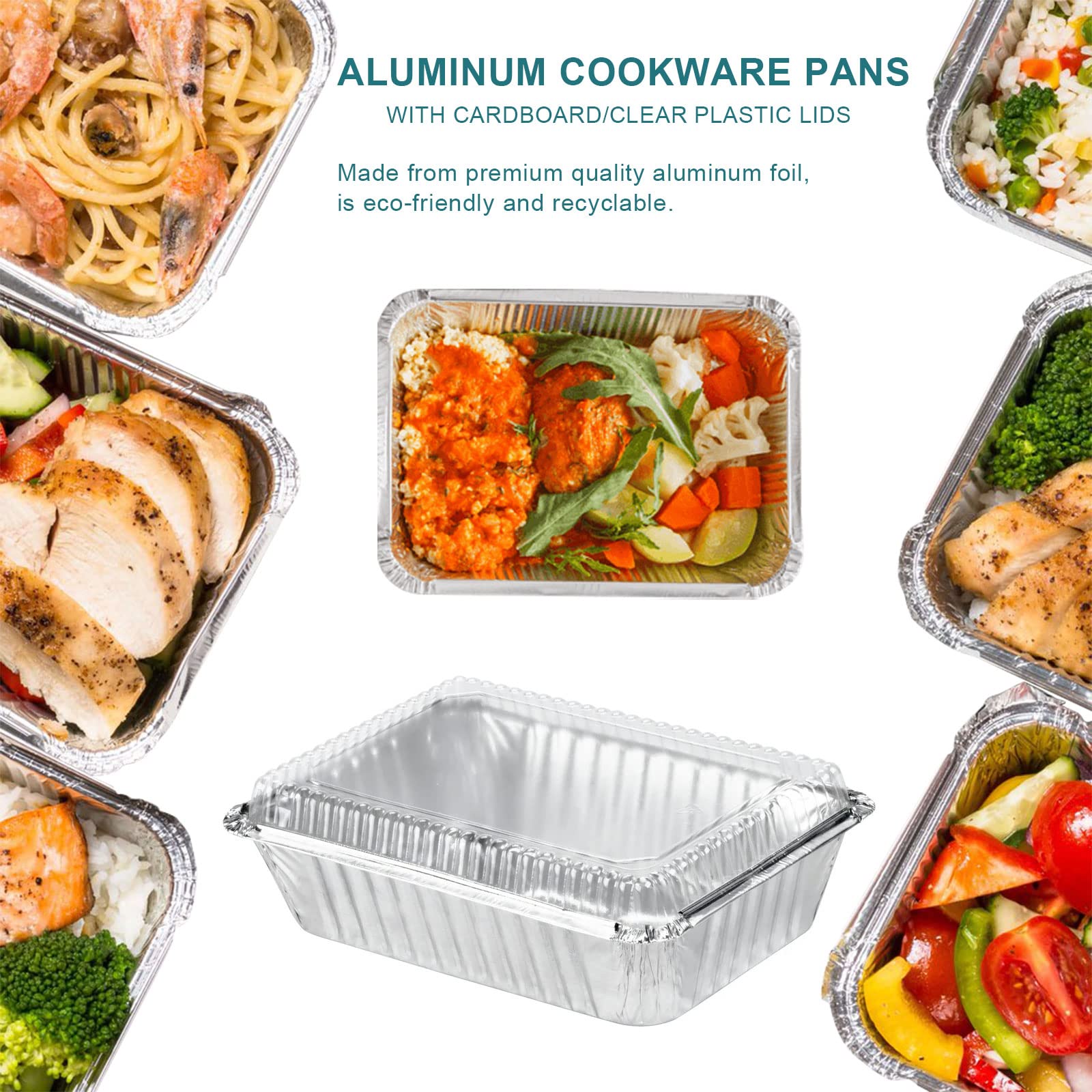 Bestjing 50 Pack Small 8 OZ/230ML Capacity Disposable Takeout Foil Pans with Clear Plastic Lids - Aluminum Foil Food Containers with Strong Seal for Catering Party Meal Prep Freezer BBQ Potluck