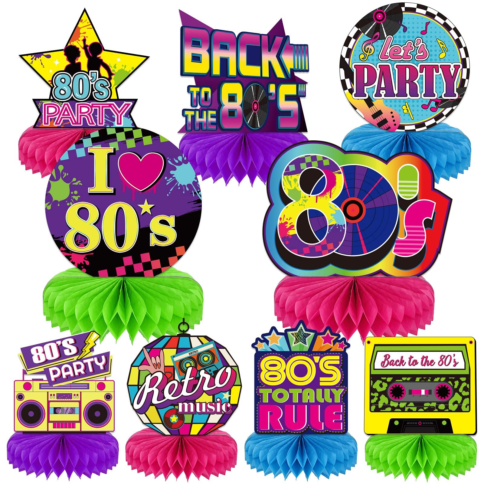 9 Pieces 80's Retro Party Supplies 1980 Party Honeycomb Centerpieces for Tables Decorations 80s Hippie Theme Party Table Topper Decorations for 1980s Birthday Baby Shower Party Suplies