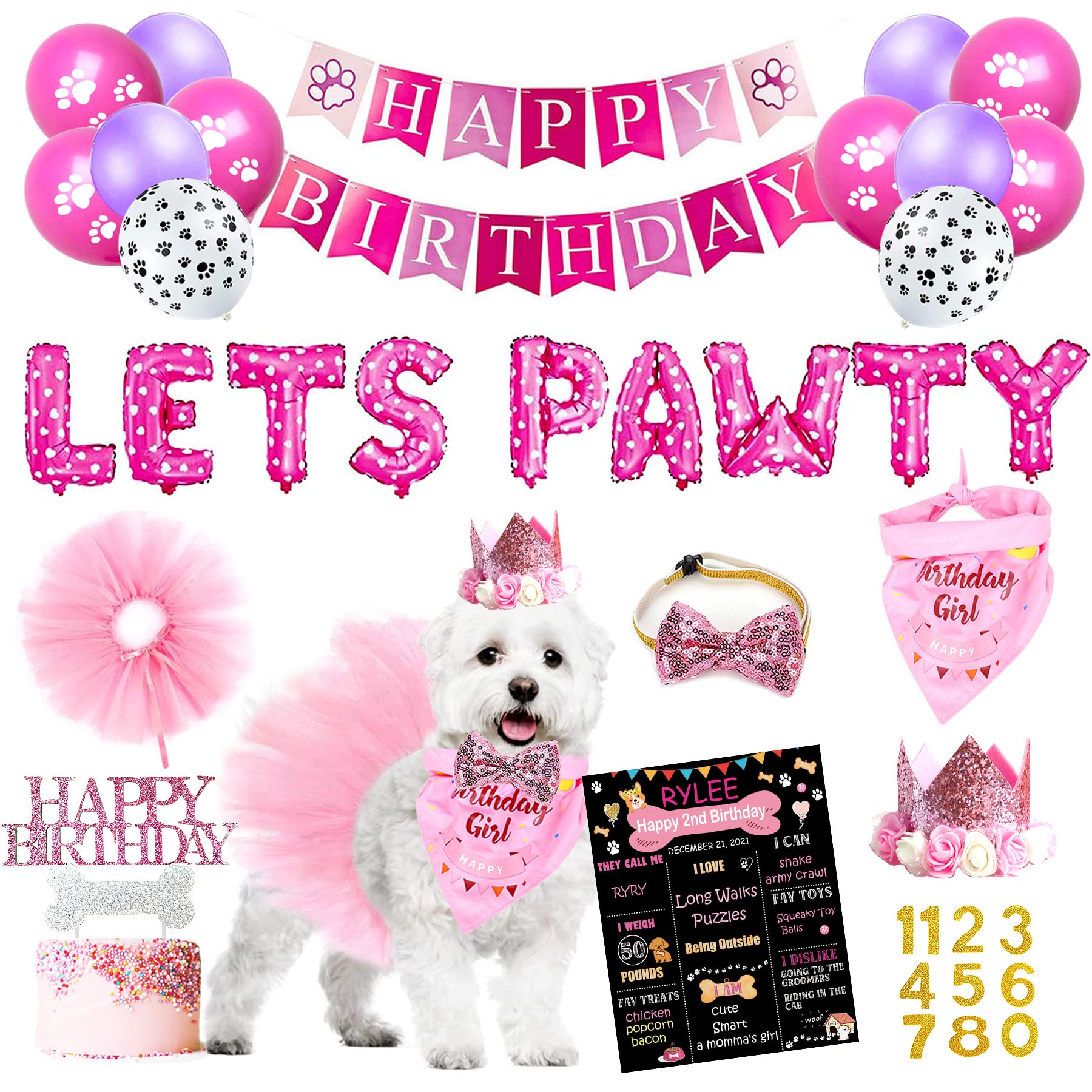 Dog Birthday Party Supplies, Dog Birthday Decorations Girl, Lets Pawty Balloons Banner, Hat Bandana Tutu Skirt for Small Medium Girl Dogs