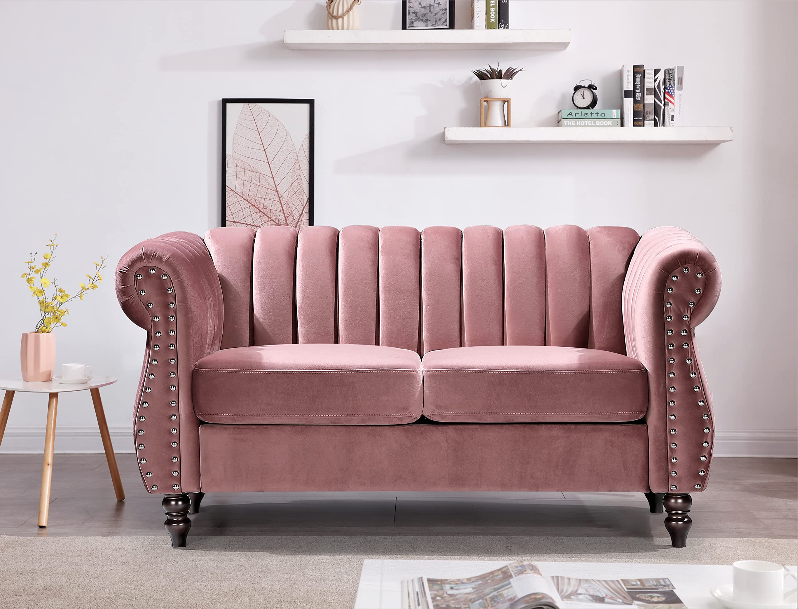 US Pride Furniture Chesterfield Rolled Arm Modern Style Fabric Rose Velvet Soft Living Room Loveseat with Removable Back Cushions & Solid Wood Support (S5644-5649) Sofas