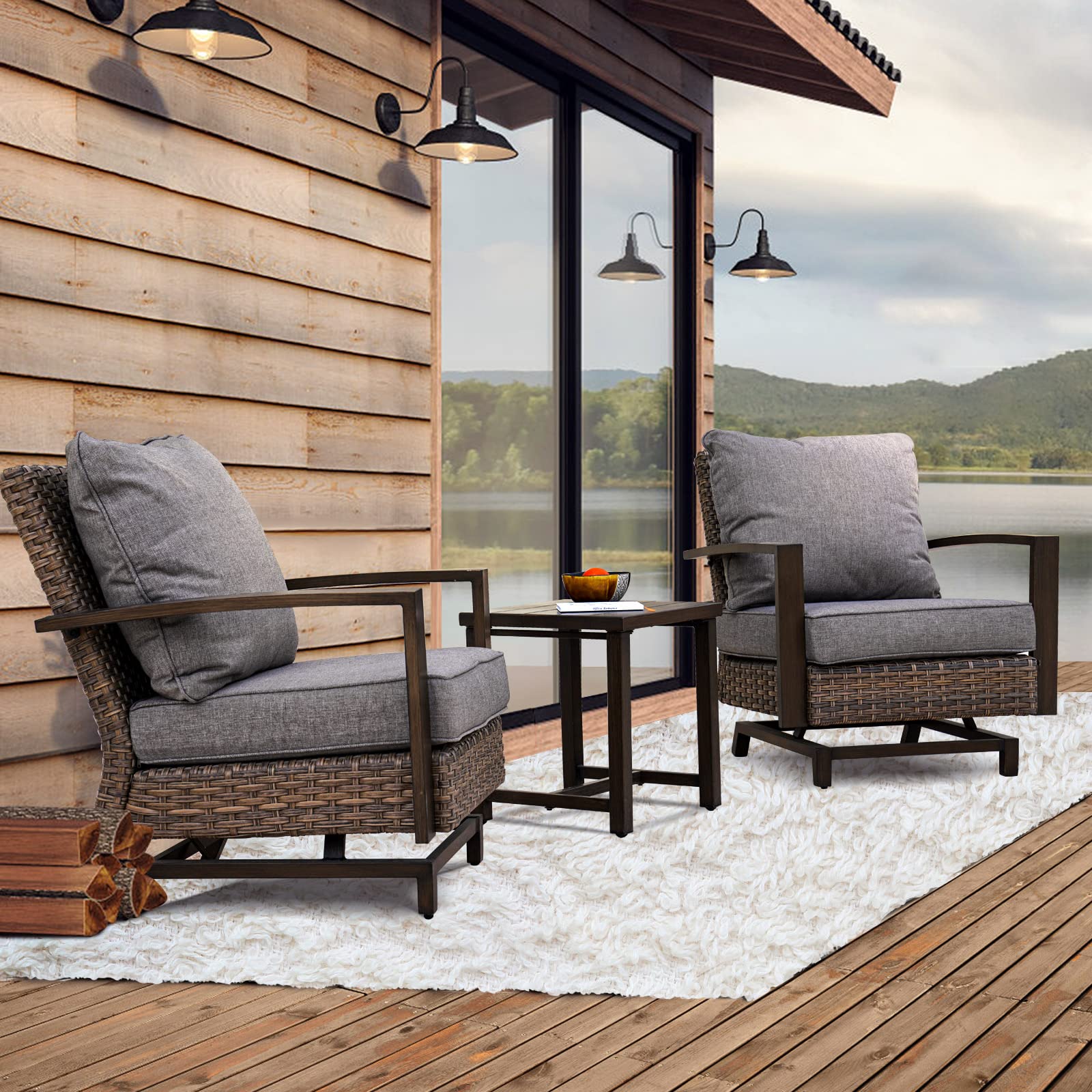 Grand patio Outdoor 3-Piece Aluminum Conversation Furniture Sofa Set Wicker Stationary Rockers with Wood Grain Finish and Coffee Table, Removable Olefin Cushion Dark Brown