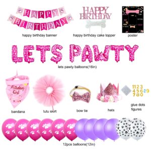 Dog Birthday Party Supplies, Dog Birthday Decorations Girl, Lets Pawty Balloons Banner, Hat Bandana Tutu Skirt for Small Medium Girl Dogs