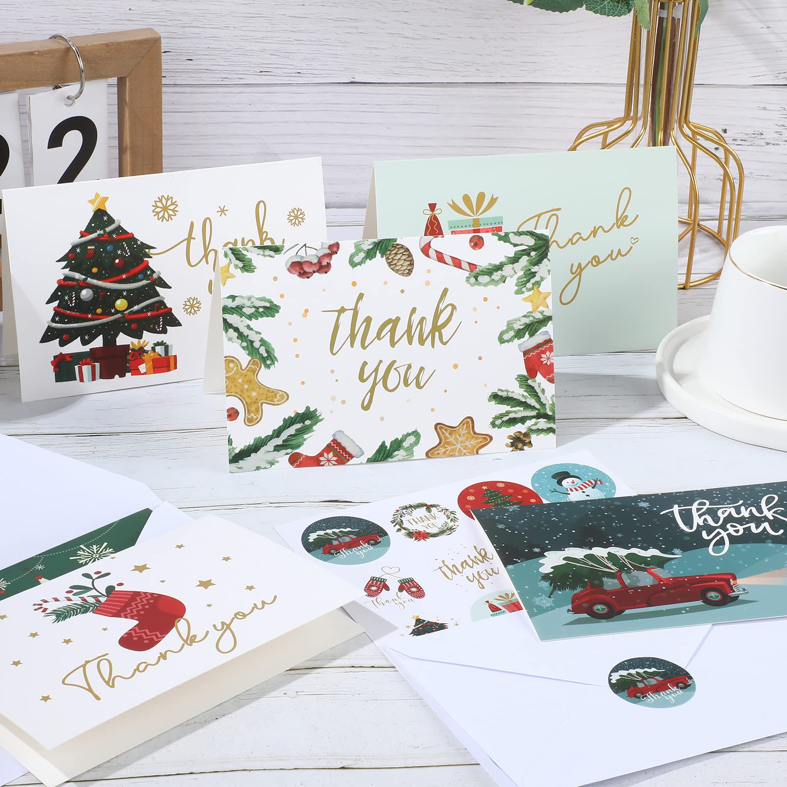 24 Pieces Christmas Thank You Cards Xmas Greeting Cards with Envelopes and Stickers, Christmas Tree Gingerbread Gift Box Holiday Thank You Note Cards Assortment for Xmas Holiday Present, 6 Designs