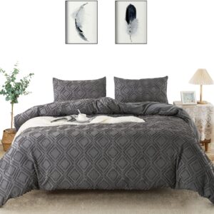 lamourbear jacquard & tufted geometric grey duvet cover queen size bedding set, soft, all seasons, with double-end sliders zipper closure, 8 ties, 3 pieces (2 pillowcase, 1 duvet cover), q dark grey