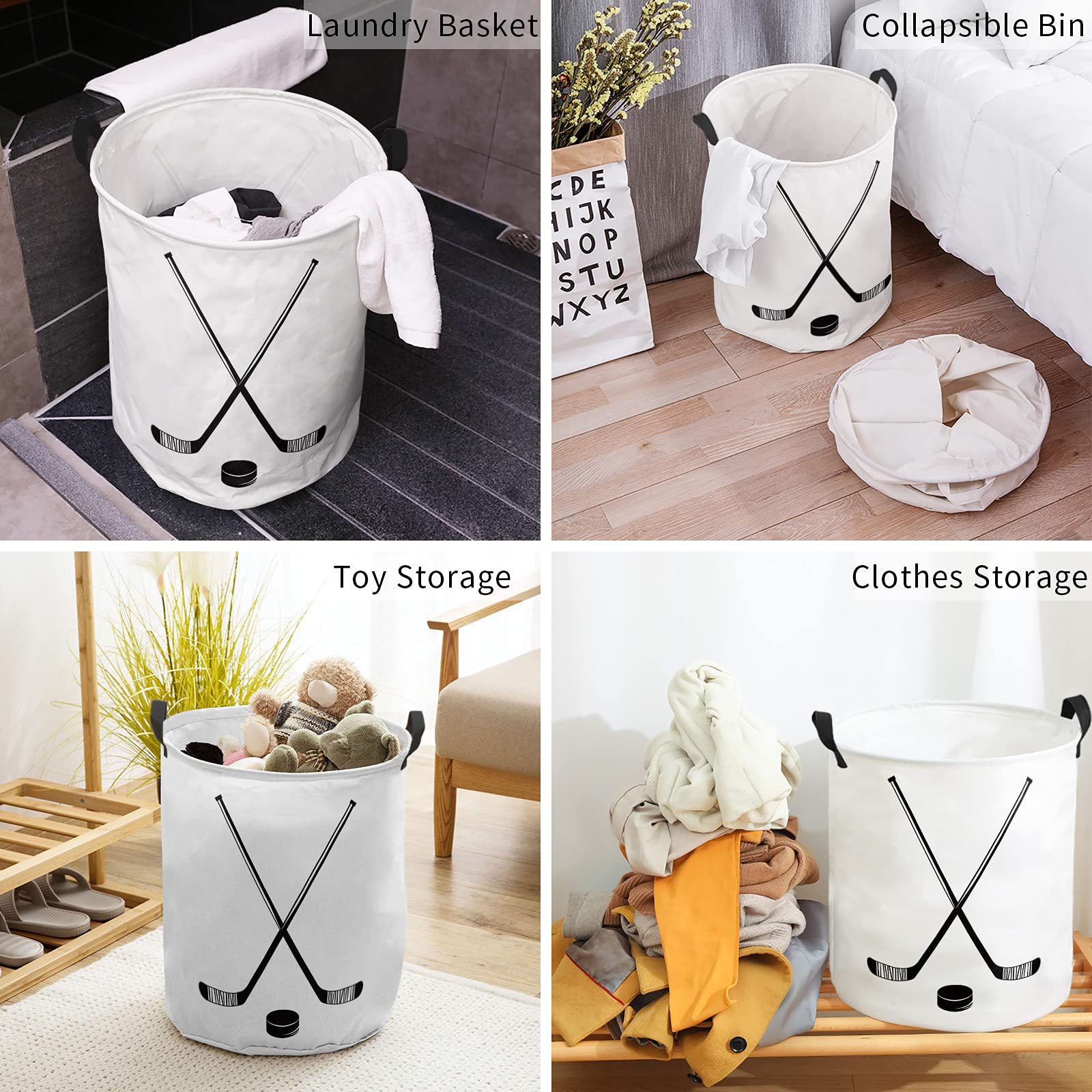 17-inch Laundry Hamper Foldable Laundry Basket, Minimalist Style Hockey Sticks Black Lines Waterproof Clothes Hamper for Bathroom Bedroom Living Room, Toy Baskets for Dollhouse