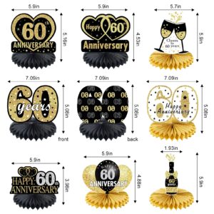 Happy 60th Anniversary Decorations Table Honeycomb Centerpiece, 8pcs 60 Wedding Anniversary Party Supplies, Black Gold Sixty Year Anniversary Table Topper Decor Kit