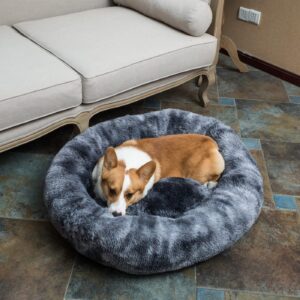 Oval Calming Donut Cuddler Dog Bed,Shag Faux Fur Cat Bed Washable Round Pillow Pet Bed(30"/36"/43") for Small Medium Dogs (L(30"x24"x7"), Grey2021)