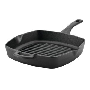 ayesha curry kitchenware preseasoned cast iron square grill/griddle pan with helper handle and pour spouts, 10 inch, black