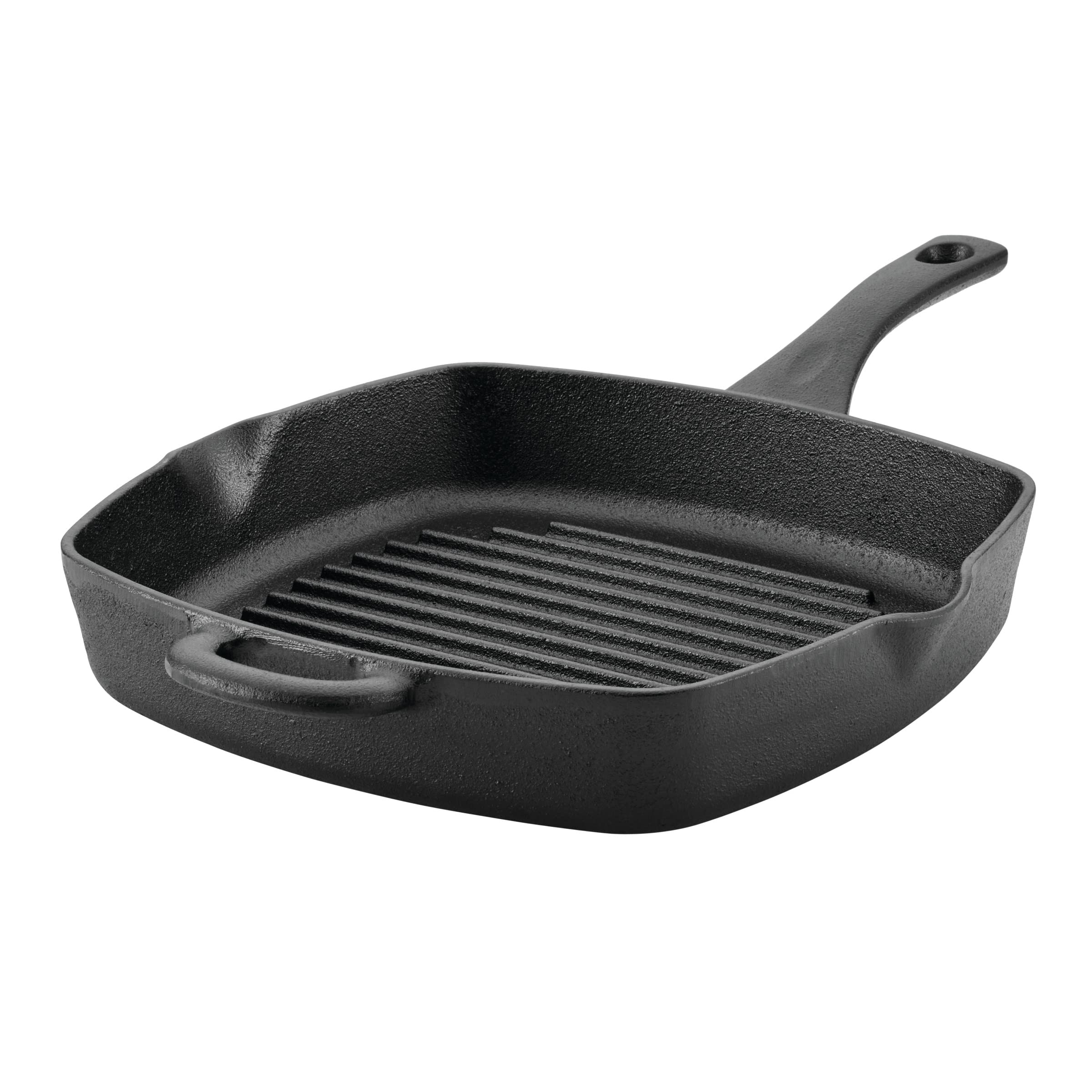 Ayesha Curry Kitchenware Preseasoned Cast Iron Square Grill/Griddle Pan with Helper Handle and Pour Spouts, 10 Inch, Black