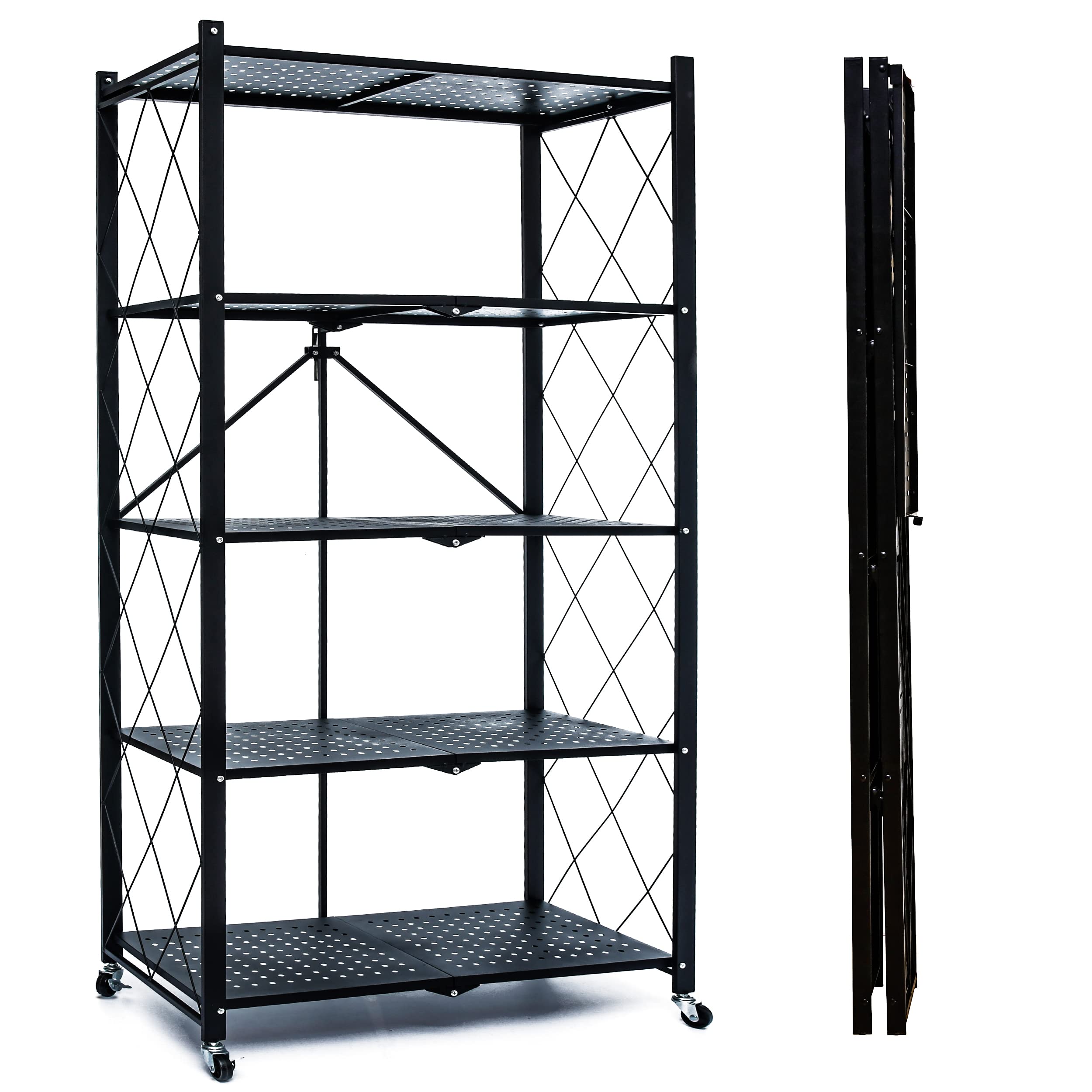 Citylife 5-Tier Storage Shelves with Wheels Foldable Shelving Unit Heavy Duty Garage Metal Storage Rack Kitchen Shelf for Storage