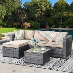 jamfly outdoor patio furniture sets, all-weather rattan outdoor sectional sofa with tea table and cushions upgrade wicker patio sectional sets 3-piece (khaki)