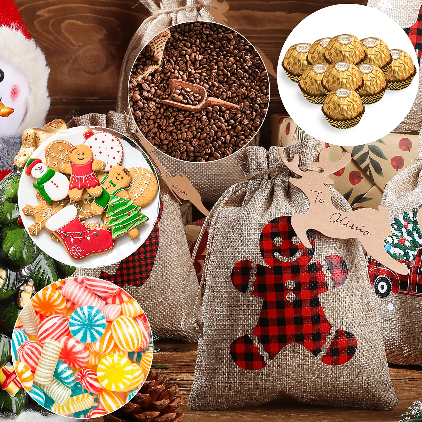 24 Pieces Christmas Burlap Gift Bags Christmas Treat Bags with Drawstrings Small Christmas Gift Goody Bags for Xmas Holiday New Year Party Favors Supplies, 12 Designs (7 x 5 Inch,Rustic Style)