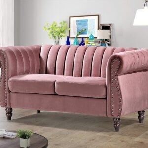 US Pride Furniture Chesterfield Rolled Arm Modern Style Fabric Rose Velvet Soft Living Room Loveseat with Removable Back Cushions & Solid Wood Support (S5644-5649) Sofas