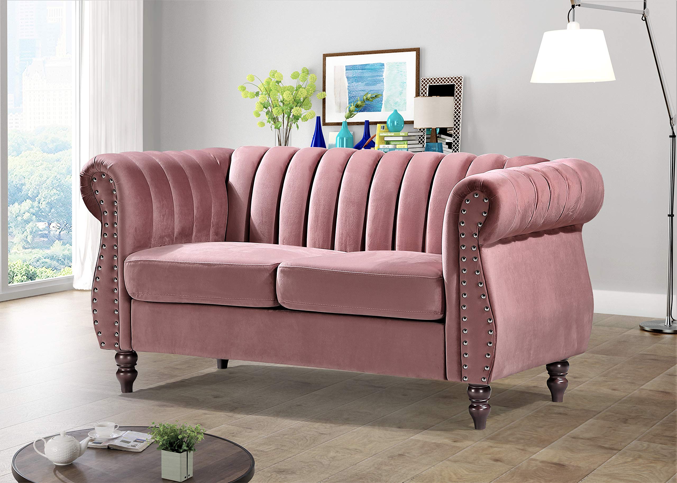 US Pride Furniture Chesterfield Rolled Arm Modern Style Fabric Rose Velvet Soft Living Room Loveseat with Removable Back Cushions & Solid Wood Support (S5644-5649) Sofas