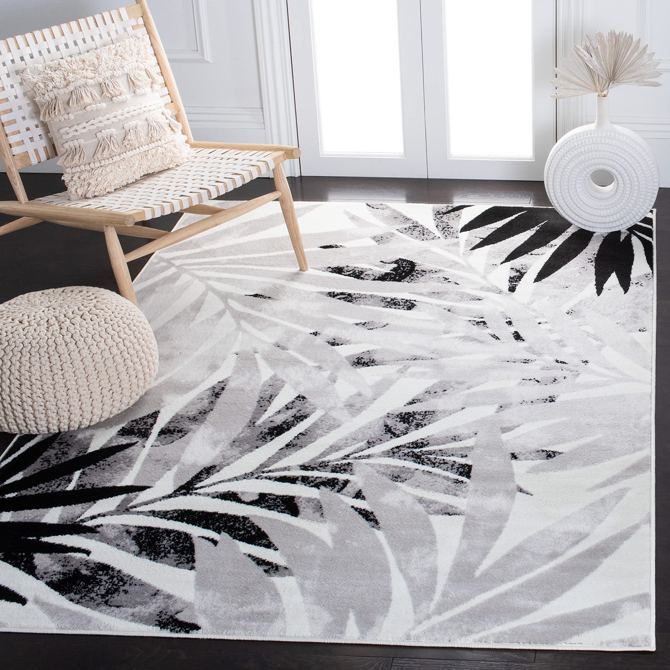 SAFAVIEH Skyler Collection 6'7" Square Ivory/Black SKY189A Botanical Distressed Non-Shedding Living Room Dining Bedroom Area Rug