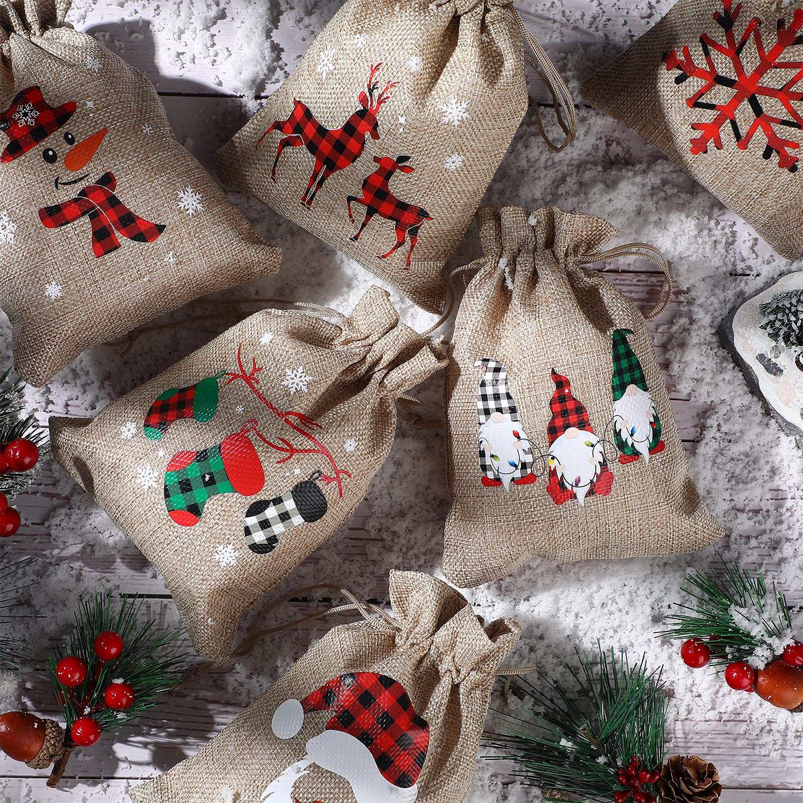 24 Pieces Christmas Burlap Gift Bags Christmas Treat Bags with Drawstrings Small Christmas Gift Goody Bags for Xmas Holiday New Year Party Favors Supplies, 12 Designs (7 x 5 Inch,Rustic Style)