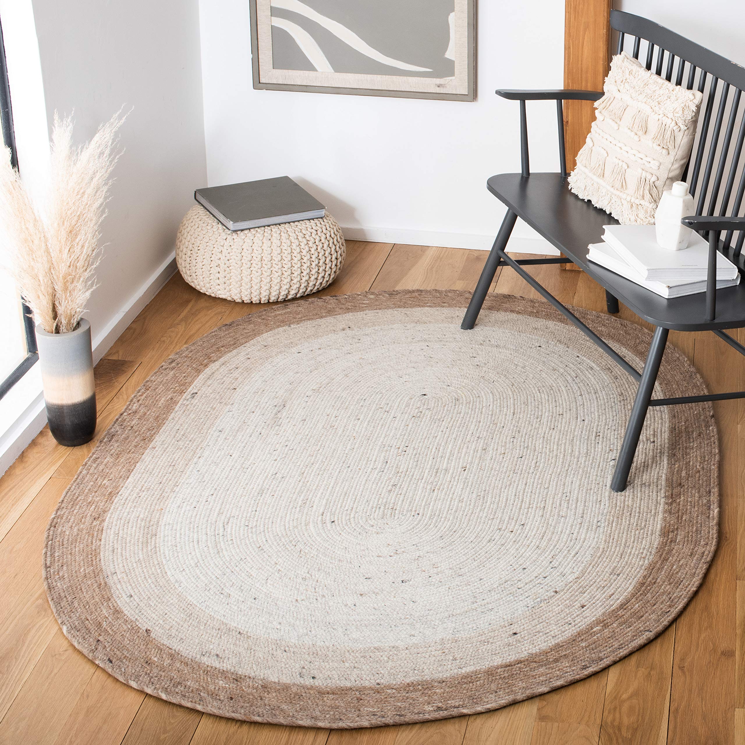 SAFAVIEH Braided Collection Area Rug - 8' x 10' Oval, Beige & Ivory, Handmade Country Cottage Reversible Wool, Ideal for High Traffic Areas in Living Room, Bedroom (BRD903B)