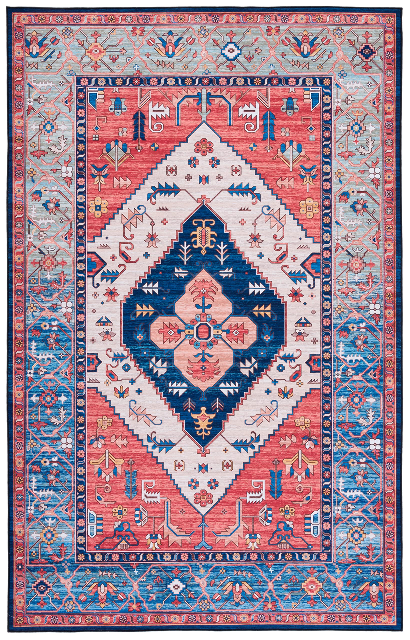 SAFAVIEH Tucson Collection Area Rug - 6' x 9', Rust & Blue, Persian Medallion Design, Non-Shedding Machine Washable & Slip Resistant Ideal for High Traffic Areas in Living Room, Bedroom (TSN133P)