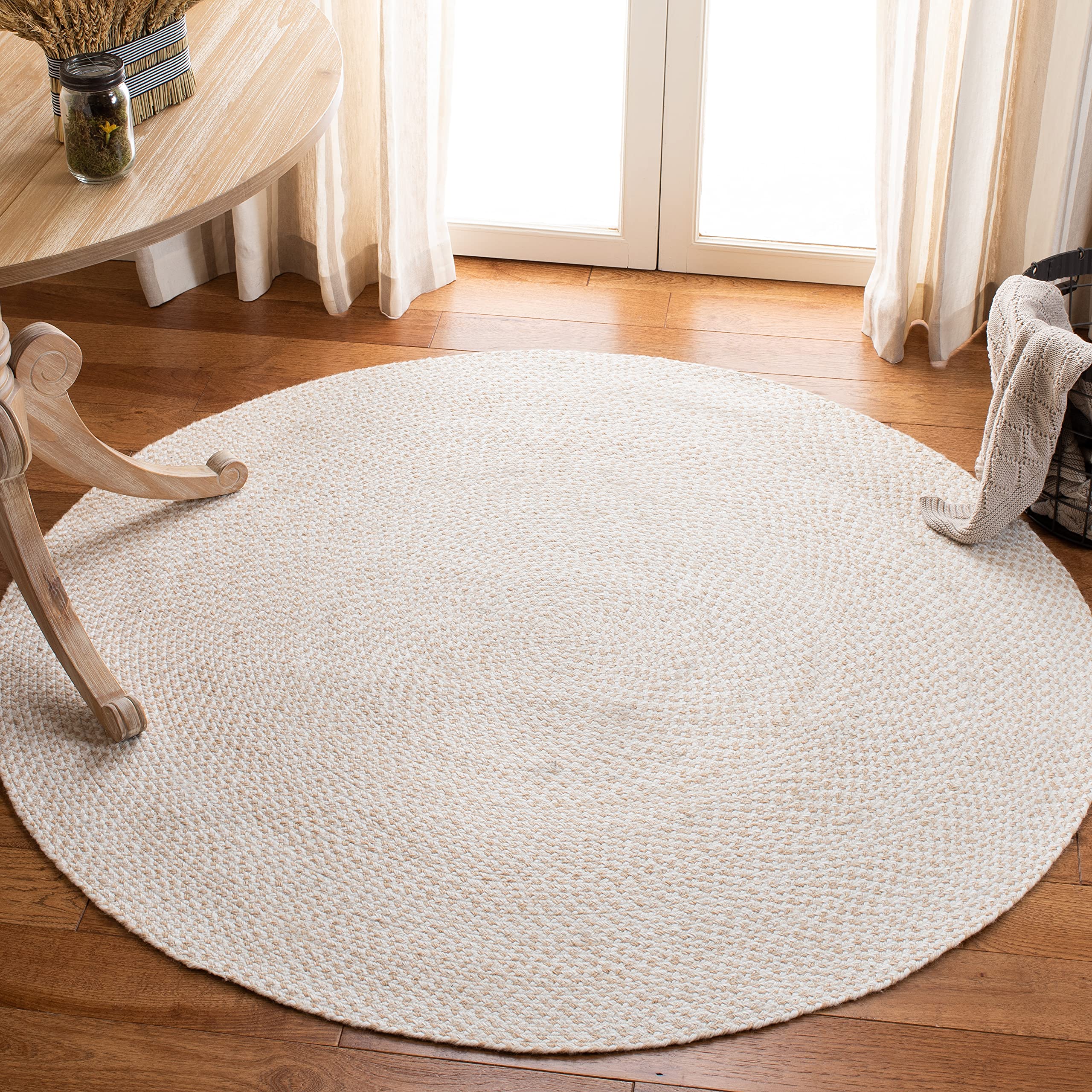 SAFAVIEH Braided Collection Area Rug - 8' Round, Ivory & Beige, Handmade Country Cottage Reversible, Ideal for High Traffic Areas in Living Room, Bedroom (BRD801A)