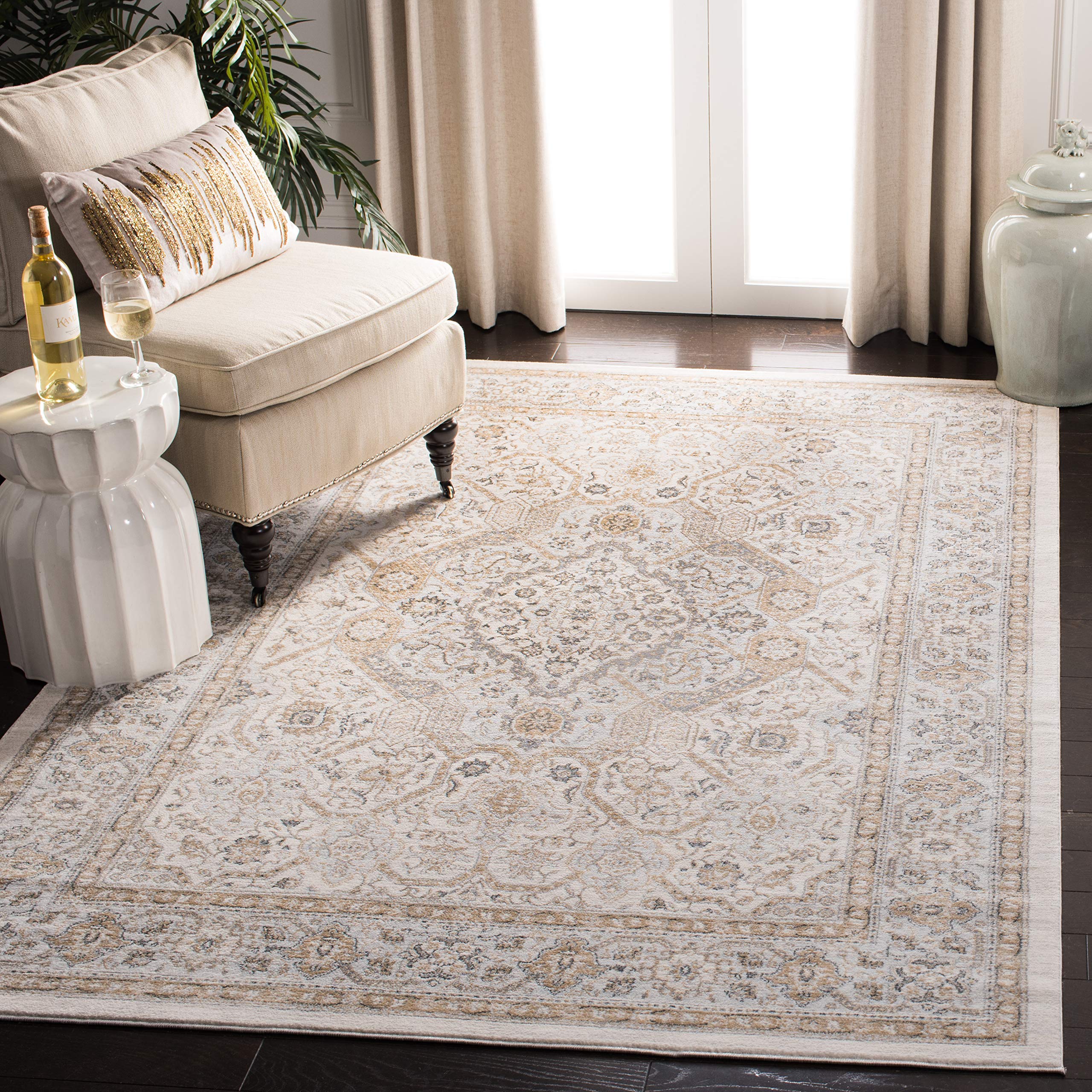 SAFAVIEH Isabella Collection Area Rug - 8' Square, Cream & Beige, Oriental Design, Non-Shedding & Easy Care, Ideal for High Traffic Areas in Living Room, Bedroom (ISA916B)