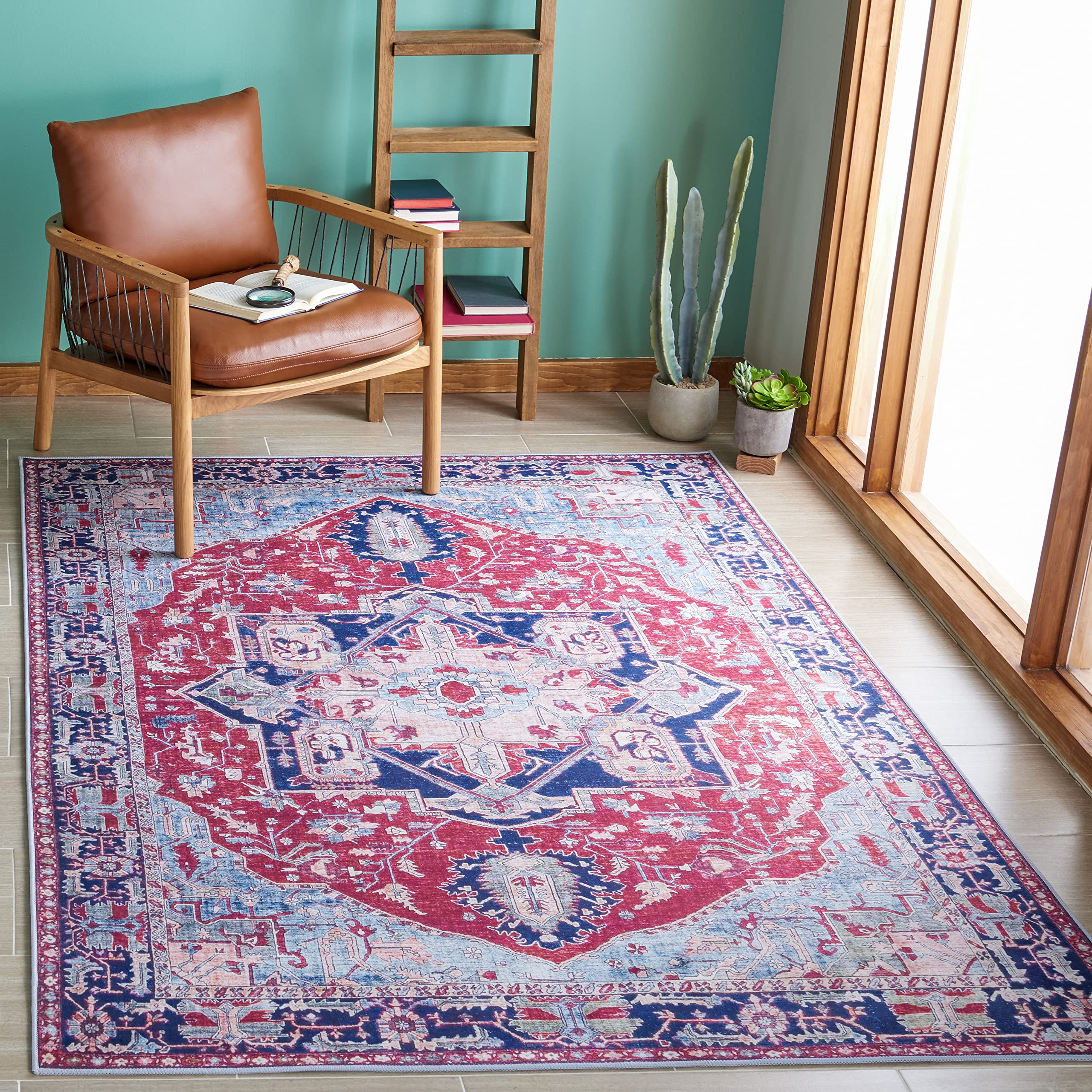 SAFAVIEH Tucson Collection Accent Rug - 3' x 5', Red & Navy, Persian Design, Non-Shedding Machine Washable & Slip Resistant Ideal for High Traffic Areas in Entryway, Living Room, Bedroom (TSN108Q)