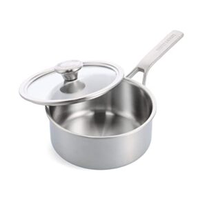 merten & storck tri-ply stainless steel 1.5qt saucepan pot with lid, professional cooking, multi clad, measurement markings, drip-free pouring edges,durable glass lid, induction,oven & dishwasher safe