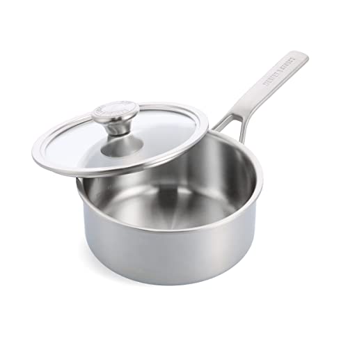 Merten & Storck Tri-Ply Stainless Steel 1.5QT Saucepan Pot with Lid, Professional Cooking, Multi Clad, Measurement Markings, Drip-Free Pouring Edges,Durable Glass Lid, Induction,Oven & Dishwasher Safe