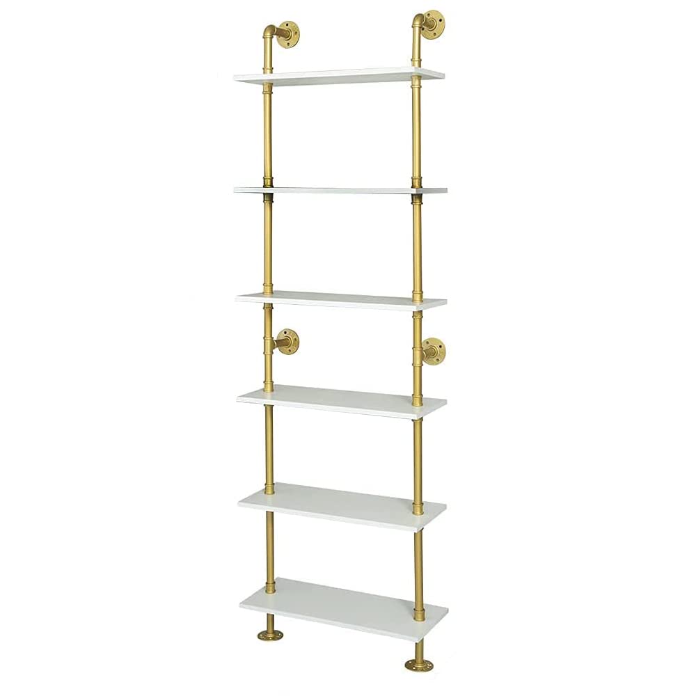 HEONITURE Industrial Gold Bookshelf-6 Tier Wall Mounted Ladder Bookshelf, Rustic Gold Storage Book Shelves Display Bookcases for Living Room/Home/Office