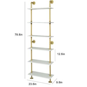 HEONITURE Industrial Gold Bookshelf-6 Tier Wall Mounted Ladder Bookshelf, Rustic Gold Storage Book Shelves Display Bookcases for Living Room/Home/Office