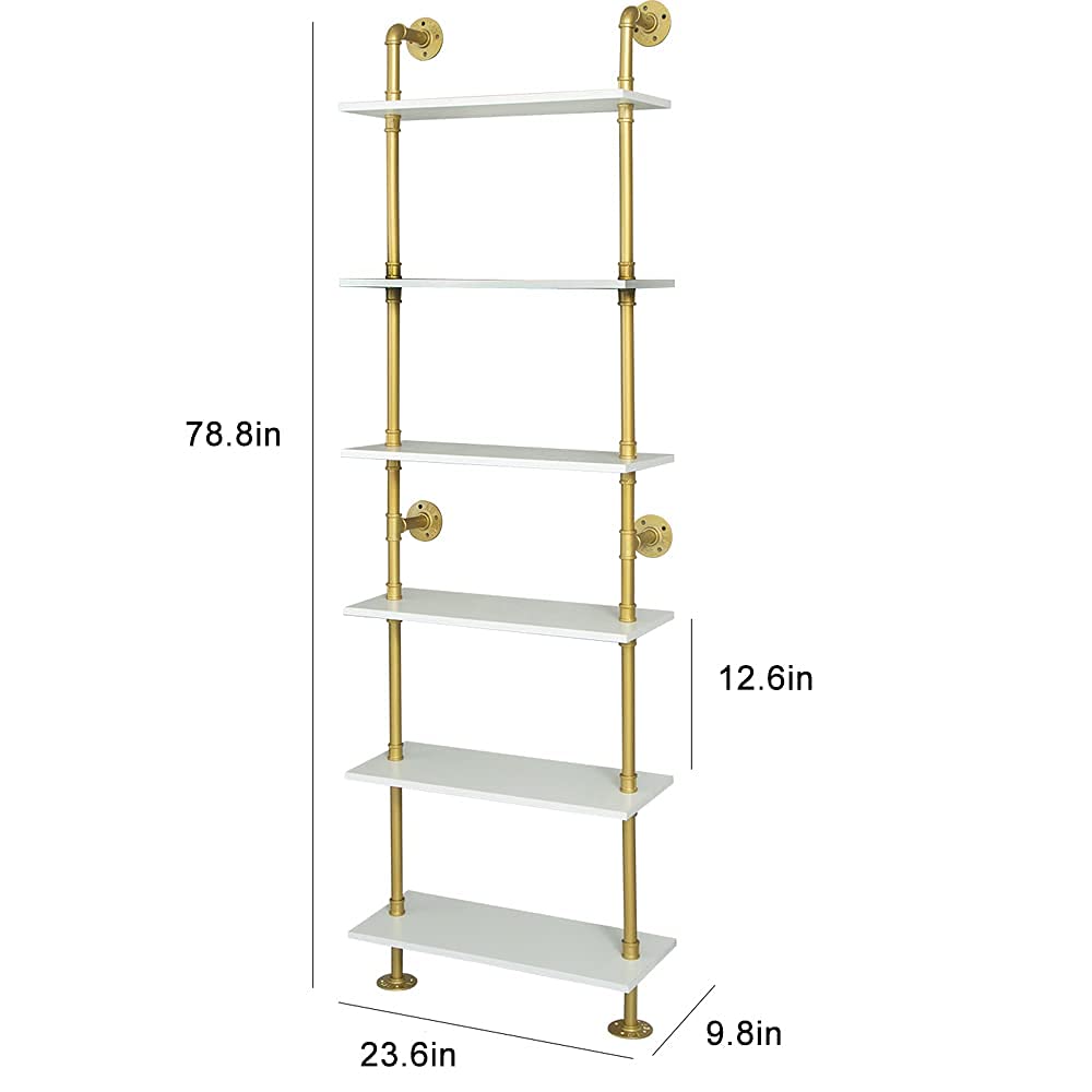 HEONITURE Industrial Gold Bookshelf-6 Tier Wall Mounted Ladder Bookshelf, Rustic Gold Storage Book Shelves Display Bookcases for Living Room/Home/Office