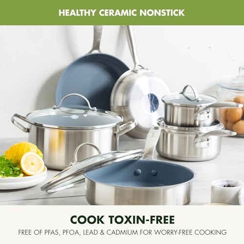 GreenPan Treviso 10 Piece Cookware Set, Non-Toxic PFAS-Free Stainless Steel Ceramic Nonstick Coating, Induction Suitable, Pots, Pans Lids, Sauté & Saucepans, Multi Clad, Dishwasher & Oven Safe