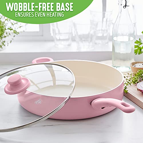 Greenlife Soft Grip Healthy Ceramic Nonstick, 5QT Saute Pan Jumbo Cooker with Helper Handle and Lid, PFAS-Free, Dishwasher Safe, Pink