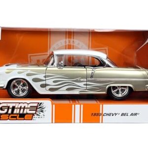 Big Time Muscle 1:24 1955 Chevy Bel Air Die-Cast Car, Toys for Kids and Adults(White/Gold Flames)