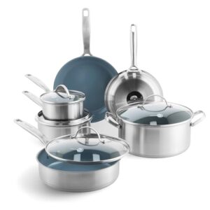 greenpan treviso 10 piece cookware set, non-toxic pfas-free stainless steel ceramic nonstick coating, induction suitable, pots, pans lids, sauté & saucepans, multi clad, dishwasher & oven safe