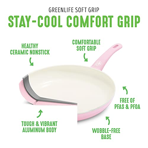 Greenlife Soft Grip Healthy Ceramic Nonstick, 5QT Saute Pan Jumbo Cooker with Helper Handle and Lid, PFAS-Free, Dishwasher Safe, Pink