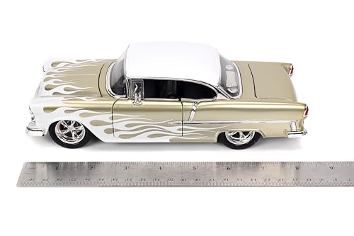 Big Time Muscle 1:24 1955 Chevy Bel Air Die-Cast Car, Toys for Kids and Adults(White/Gold Flames)