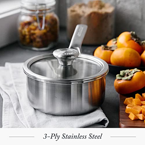 Merten & Storck Tri-Ply Stainless Steel 1.5QT Saucepan Pot with Lid, Professional Cooking, Multi Clad, Measurement Markings, Drip-Free Pouring Edges,Durable Glass Lid, Induction,Oven & Dishwasher Safe