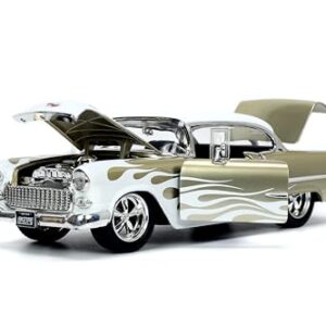 Big Time Muscle 1:24 1955 Chevy Bel Air Die-Cast Car, Toys for Kids and Adults(White/Gold Flames)