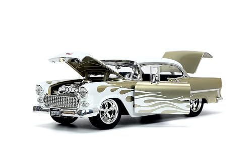 Big Time Muscle 1:24 1955 Chevy Bel Air Die-Cast Car, Toys for Kids and Adults(White/Gold Flames)