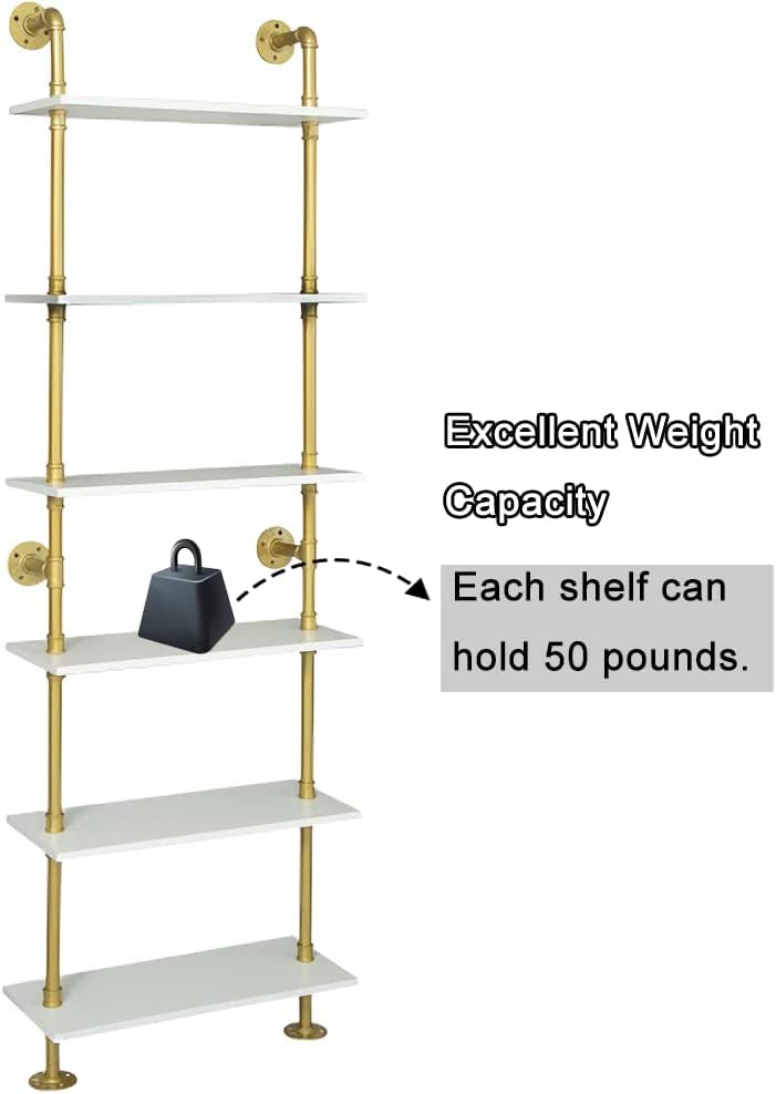 HEONITURE Industrial Gold Bookshelf-6 Tier Wall Mounted Ladder Bookshelf, Rustic Gold Storage Book Shelves Display Bookcases for Living Room/Home/Office