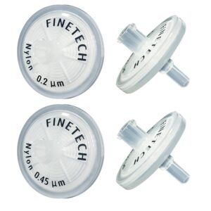 nylon syringe filters 25mm diameter 0.22μm pore size for laboratory filtration by finetech (pack of 100) made in taiwan (100, nylon 25mm 0.22um)