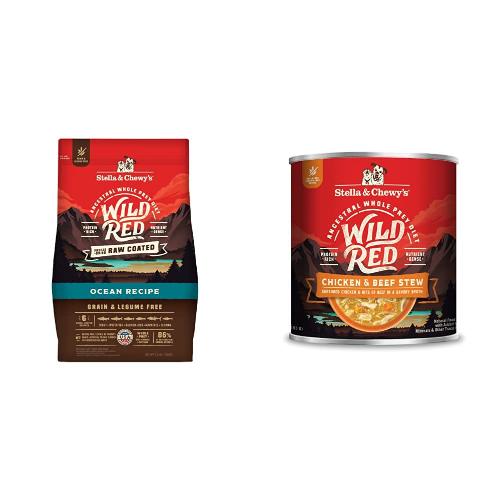 Stella & Chewy's Wild Red Raw Coated Kibble Dry Dog Food Grain Free Ocean Recipe, 3.5lb Bag + Wild Red Chicken & Beef Stew Wet Dog Food, 10oz Cans (Pack of 6)