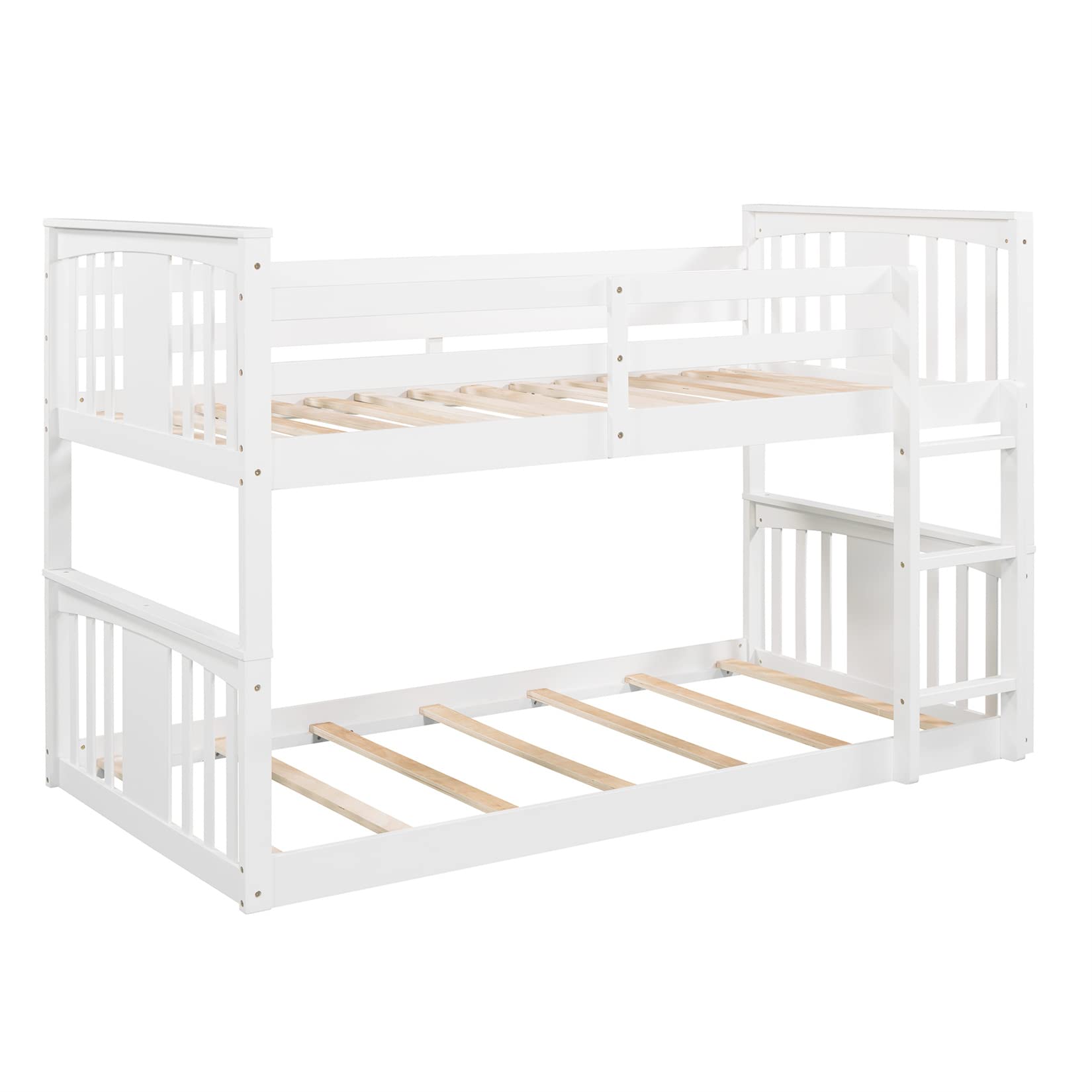 Twin Bunk Beds Low Bunk Bed Frame Wood Twin Over Twin Bunkbed for Kids Toddlers Boys Girls Bedroom, White