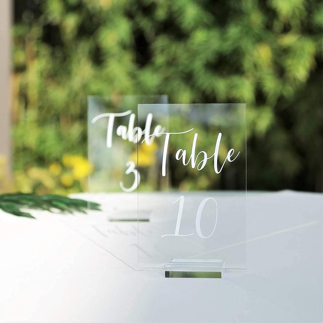 UNIQOOO Acrylic Wedding Table Numbers 1-15 with Stands | 4x6 inch Printed Calligraphy, Clear Table Number Signs and Holders | Perfect for Wedding Reception, Centerpiece Decoration, Event, Party