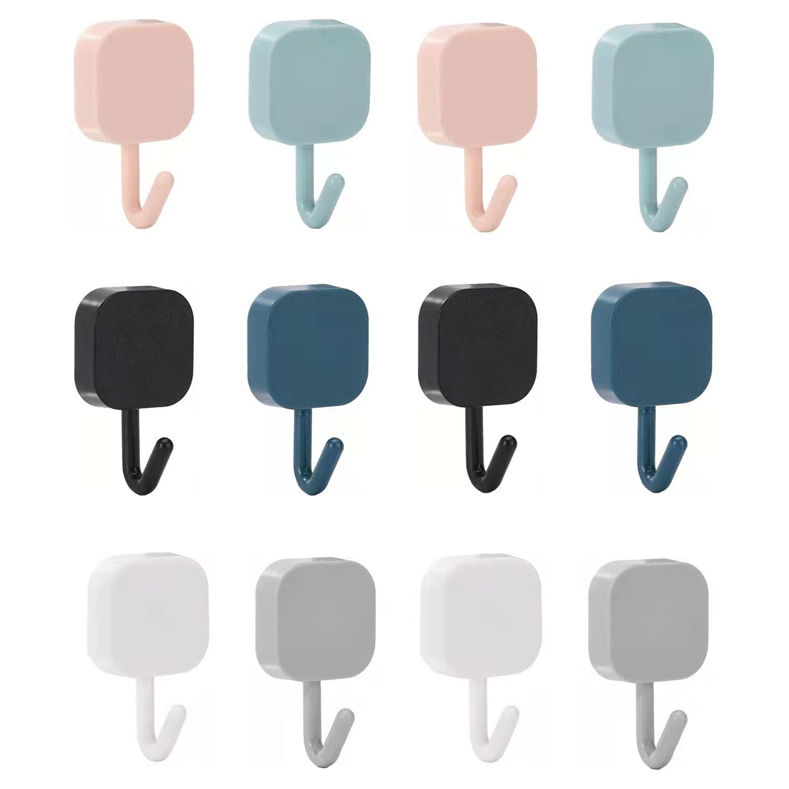 PINKG 12pcs Multicolor Adhesive Hooks Heavy Duty Wall Hooks Towel Waterproof Hooks for Hanging Coat, Towels, Hats, Keys, Shower, Kitchen, Living Room, Depot, Black, White, Gray, Pink, Blue, Navy Blue