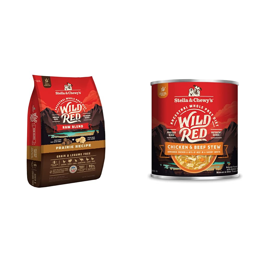 Stella & Chewy's Wild Red Raw Blend Kibble Dry Dog Food Grain Free Prairie Recipe, 21lb Bag + Wild Red Chicken & Beef Stew Wet Dog Food, 10oz Cans (Pack of 6)