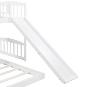 Harper & Bright Designs Twin Over Twin Bunk Beds with Slide and Stair, Solid Wood Low Bunk Bed with Storage Drawers and Guardrails for Kids Teens Bedroom, Guest Room Furniture (No Box Spring, White)