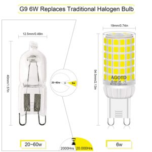 AGOTD G9 LED Bulb 6W, Dimmable Daylight White 6000K, 658LM LED Light Bulb, T4 40W 50W 60W Halogen Replacement G9 Bi Pin Base, No-Flicker, Chandelier Lighting, 5 Pack